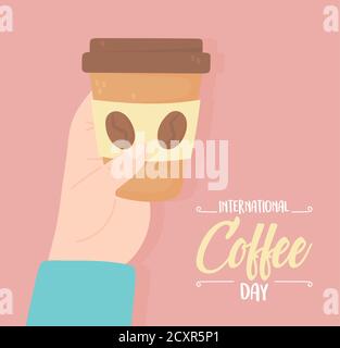 Internationaler Tag des Kaffees, Hand mit Papier Take Away Tasse Vektor-Illustration Stock Vektor