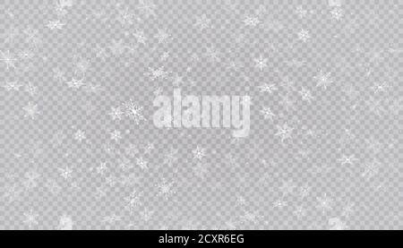 Weißer Schnee fliegt auf einem transparenten Hintergrund. Weihnachten Schneeflocken. Winter Schneesturm Hintergrund Illustration. Stock Vektor