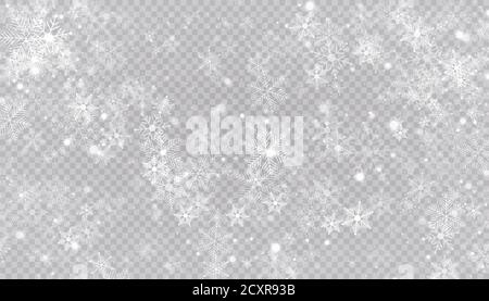 Weißer Schnee fliegt auf einem transparenten Hintergrund. Weihnachten Schneeflocken. Winter Schneesturm Hintergrund Illustration. Stock Vektor