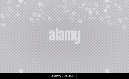 Weißer Schnee fliegt auf einem transparenten Hintergrund. Weihnachten Schneeflocken. Winter Schneesturm Hintergrund Illustration. Stock Vektor