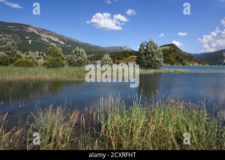 Castillon-See & Reedbeds im Upper Verdon Valley, oder Haut Verdon, Saint André-les-Alpes Alpes-de-Haute-Provence Provence Frankreich Stockfoto