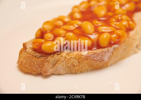 Gebackene Bohnen auf Toast, weißer Teller, England, Großbritannien, GB, Stockfoto