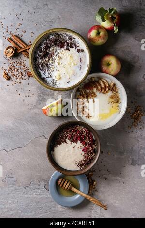 Vielzahl Schüsseln Milch Getreide Brei mit verschiedenen Zusatzstoffen, äpfel, Beeren und Samen über graue Küche serviert. Ansicht von oben mit Platz Stockfoto