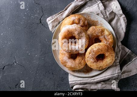 Teller mit hausgemachten Krapfen mit Zucker und Zimt Pulver auf Grau textile Serviette über dunkle Textur Hintergrund. Ansicht von oben mit der Kopie Raum Stockfoto