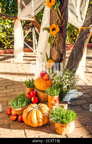 Hochzeitsbogen für die Hochzeit außerhalb der Anlage, dekoriert im Herbst Thema mit Kürbissen. Stockfoto