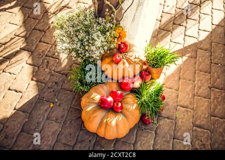 Hochzeitsbogen für die Hochzeit außerhalb der Anlage, dekoriert im Herbst Thema mit Kürbissen. Stockfoto