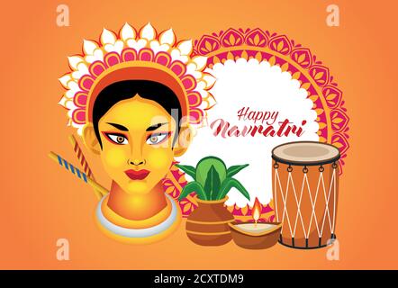 Happy navratri Feier mit Göttin amba und Set-Elemente-Vektor Illustrationsdesign Stock Vektor