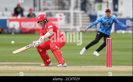 Hove, Großbritannien. Oktober 2020. Lancashire's Rob Jones beim Vitality Blast T20 Match zwischen Sussex Sharks und Lancashire Lightning auf dem 1st Central County Ground, Hove Credit: James Boardman/Alamy Live News Stockfoto