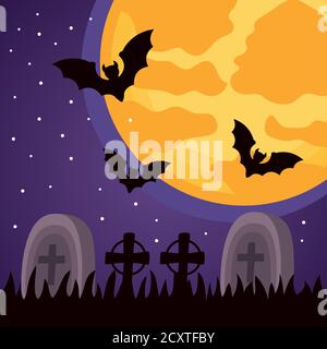 Happy halloween Feier mit Friedhof und Fledermäuse fliegen Nacht Szene vektorgrafik Design Stock Vektor