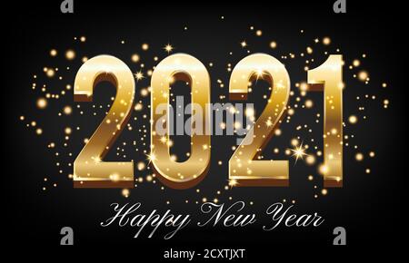 Golden Happy New Year 2021 mit Burst Glitter auf Schwarz Farbhintergrund - Frohes neues Jahr 2021 Goldener Hintergrund mit Burst Glitzer – Neujahr 2021 Stock Vektor