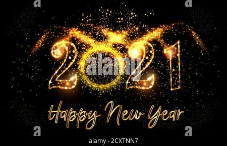 Frohes neues Jahr 2021 Hintergrund mit goldenem Licht Hintergrund Text vektor-Illustration - Frohes neues Jahr 2021 Schwarzer Hintergrund mit Golden Light eps 10 Stock Vektor