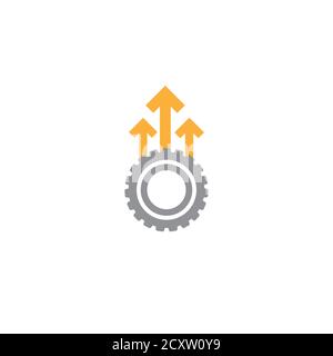 Zahnrad und drei orangefarbene Pfeile nach oben. Symbol auf weiß isoliert. Vektorgrafik flache Illustration für Technologie oder Innovation. Piktogramm Technologie und Einstellungen. Gea Stock Vektor