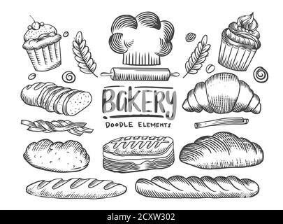 Set von Zeichnungen Bäckerei Thema. Kuchen, Kuchen, Brot und Gebäck Sammlung. Brothaus. vektor schwarz und weiß Skizze Illustration isoliert auf weißem Rücken Stock Vektor