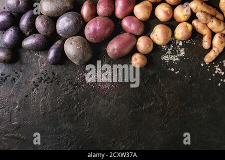 Vielzahl von Roh ungekocht Biokartoffeln unterschiedlicher Art und Farben Rot, Gelb, Lila mit verschiedenen von Salz über dunkle Textur Hintergrund. Ansicht von oben, Co Stockfoto