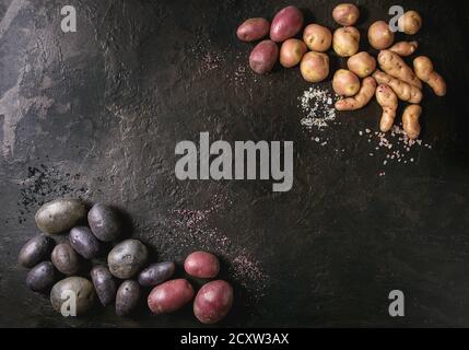 Vielzahl von Roh ungekocht Biokartoffeln unterschiedlicher Art und Farben Rot, Gelb, Lila mit verschiedenen von Salz über dunkle Textur Hintergrund. Ansicht von oben, Co Stockfoto