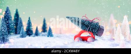 Rotes Auto trägt EINEN Weihnachtsbaum in unbelaubten Schneelandschaft Stockfoto