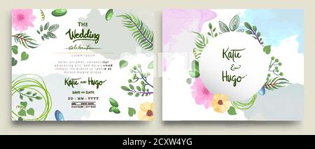 Hochzeitseinladung, floral invitation thank you, rsvp Modern Card Design: Green Tropical Palm leaf Green Eukalyptus Zweige dekorativer Kranz & Rahmen Stock Vektor