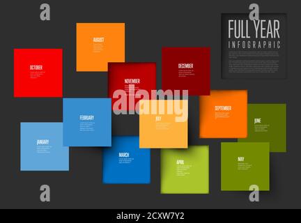 Ganzjährige Vorlage mit allen Monaten im Zufallsquadrat Mosaik - dunkle Version Stock Vektor