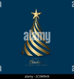 Weihnachtskarte mit weihnachtsbaum aus goldenen Spiralstreifen Mit goldenem Stern oben auf dunkelblauem Hintergrund Stock Vektor