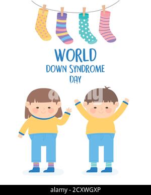 Welt Down-Syndrom Tag, glückliche Kinder und hängende Socken Dekoration Karte Vektor Illustration Stock Vektor