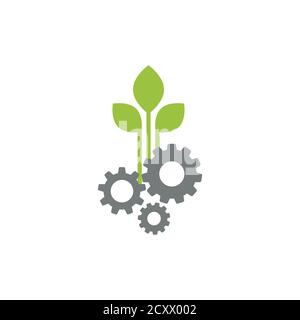 Graue mechanische Zahnräder und drei grüne Blätter. Isoliert auf weißem Hintergrund. Symbol für umweltfreundliche Technologie. Tag des Weltumweltaufkleber. Bio-Technologie. Stock Vektor