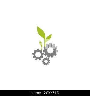 Graue mechanische Zahnräder und drei grüne Blätter. Isoliert auf weißem Hintergrund. Symbol für umweltfreundliche Technologie. Tag des Weltumweltaufkleber. Bio-Technologie. Stock Vektor