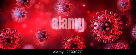 Covid-19 oder SARS-CoV-2 in Flüssigkeit - Coronavirus auf rotem Hintergrund - 3d Illustration Stockfoto