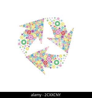 Drei mechanische Pfeile aus hellen bunten Zahnrädern und Rädern. Kreisvorgang. Recycling-Symbol. Isoliert auf Weiß. Kreative neue Technologie-Ikone. Eco b Stock Vektor
