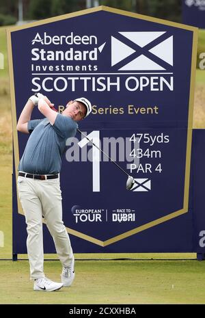 Schottlands Robert MacIntyre auf dem 11. Abschlag während der ersten Runde der Aberdeen Standard Investments Scottish Open im Renaissance Club, North Berwick. Stockfoto