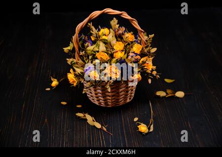 Getrocknete Rosen auf einem schwarzen Holzgrund. Trockenes Bouquet von gelben und blauen Blüten in einem Weidenkorb. Schöne verwelkt Rosen mit gefallenen Blättern auf einem BL Stockfoto