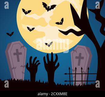 Happy halloween Feier mit Todesfällen Hände in Friedhof Nacht Szene vektorgrafik Design Stock Vektor