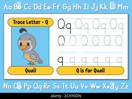 Buchstaben verfolgen. Schreibpraxis. Arbeitsblatt zur Ablaufverfolgung für Kinder. Alphabet lernen. Niedlicher Charakter. Vektorgrafik. Cartoon-Stil. Stock Vektor