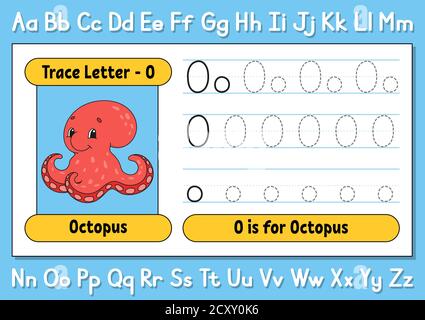 Buchstaben verfolgen. Schreibpraxis. Arbeitsblatt zur Ablaufverfolgung für Kinder. Alphabet lernen. Niedlicher Charakter. Vektorgrafik. Cartoon-Stil. Stock Vektor