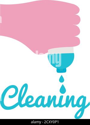 Reinigungskonzept mit Hand hält eine antibakterielle Flasche Symbol auf weißem Hintergrund, flache Stil, Vektor-Illustration Stock Vektor