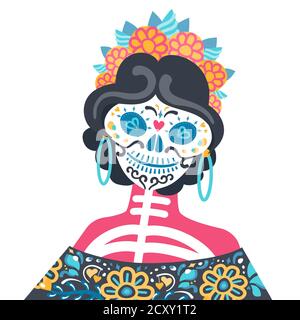 Calavera Catrina - isolierte Vektor-Schulter-Porträt von Skelett Frau. Einfache Folk-Stil und weißen Hintergrund Stock Vektor