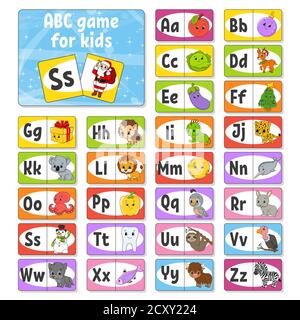 Legen Sie ABC-Flash-Karten fest. Alphabet für Kinder. Lernbriefe. Arbeitsblatt zur Entwicklung von Schulungen. Aktivitätsseite für die Studie Englisch. Farbe Spiel für Kinder. Ve Stock Vektor