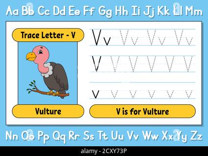 Buchstaben verfolgen. Schreibpraxis. Arbeitsblatt zur Ablaufverfolgung für Kinder. Alphabet lernen. Niedlicher Charakter. Vektorgrafik. Cartoon-Stil. Stock Vektor