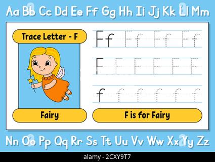 Buchstaben verfolgen. Schreibpraxis. Arbeitsblatt zur Ablaufverfolgung für Kinder. Alphabet lernen. Niedlicher Charakter. Vektorgrafik. Cartoon-Stil. Stock Vektor