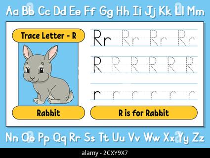 Buchstaben verfolgen. Schreibpraxis. Arbeitsblatt zur Ablaufverfolgung für Kinder. Alphabet lernen. Niedlicher Charakter. Vektorgrafik. Cartoon-Stil. Stock Vektor