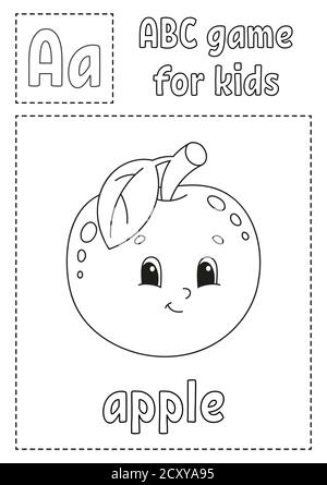 Buchstabe A ist für Apfel . ABC-Spiel für Kinder. Alphabet Malseite. Zeichentrickfigur. Wort und Buchstabe. Vektorgrafik. Stock Vektor