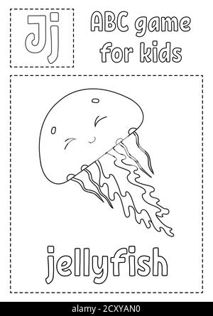 Buchstabe J ist für Quallen. ABC-Spiel für Kinder. Alphabet Malseite. Zeichentrickfigur. Wort und Buchstabe. Vektorgrafik. Stock Vektor