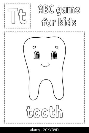 ABC-Spiel für Kinder. Alphabet Malseite. Zeichentrickfigur. Wort und Buchstabe. Vektorgrafik. Stock Vektor