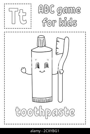 ABC-Spiel für Kinder. Alphabet Malseite. Zeichentrickfigur. Wort und Buchstabe. Vektorgrafik. Stock Vektor