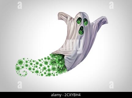 Virus Geist als Halloween saisonale öffentliche Gesundheit Risiko von covid 19 oder Coronavirus und Grippe-Symbol mit 3D-Render-Elemente. Stockfoto