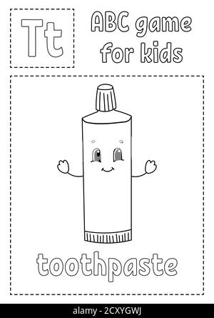ABC-Spiel für Kinder. Alphabet Malseite. Zeichentrickfigur. Wort und Buchstabe. Vektorgrafik. Stock Vektor