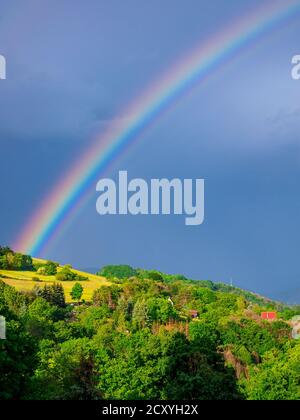 Schöner intensiver Regenbogen über dem Hügel. Erscheint ein paar Augenblicke nach heftigem Regen, der eine helle Sonne erzeugt. Stockfoto