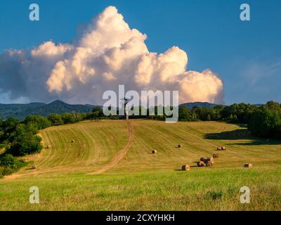 Eine Wiese mit runden Strohballen und einem Aussichtspunkt Turm am Rande und eine massive Wolke auf blau Himmel Stockfoto