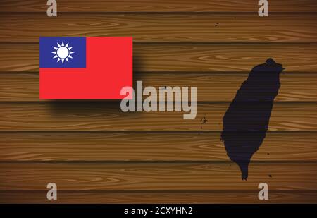 Karte und Flagge Taiwans, Provinz in Asien, auf Holzhintergrund, 3D-Illustration Stockfoto