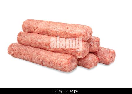 Zeile frisches rohes Rindfleisch Döner isoliert auf weißem Stockfoto