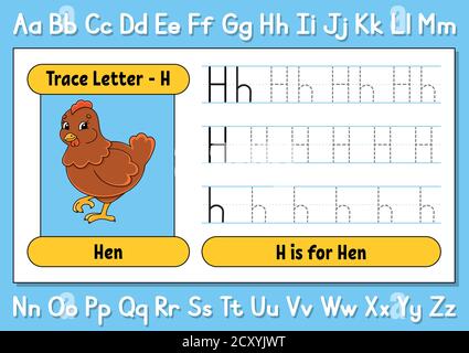 Buchstaben verfolgen. Schreibpraxis. Arbeitsblatt zur Ablaufverfolgung für Kinder. Alphabet lernen. Niedlicher Charakter. Vektorgrafik. Cartoon-Stil. Stock Vektor